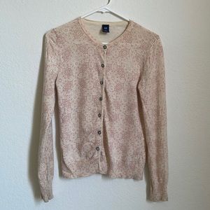 Pink lace print cardigan with rhinestone buttons